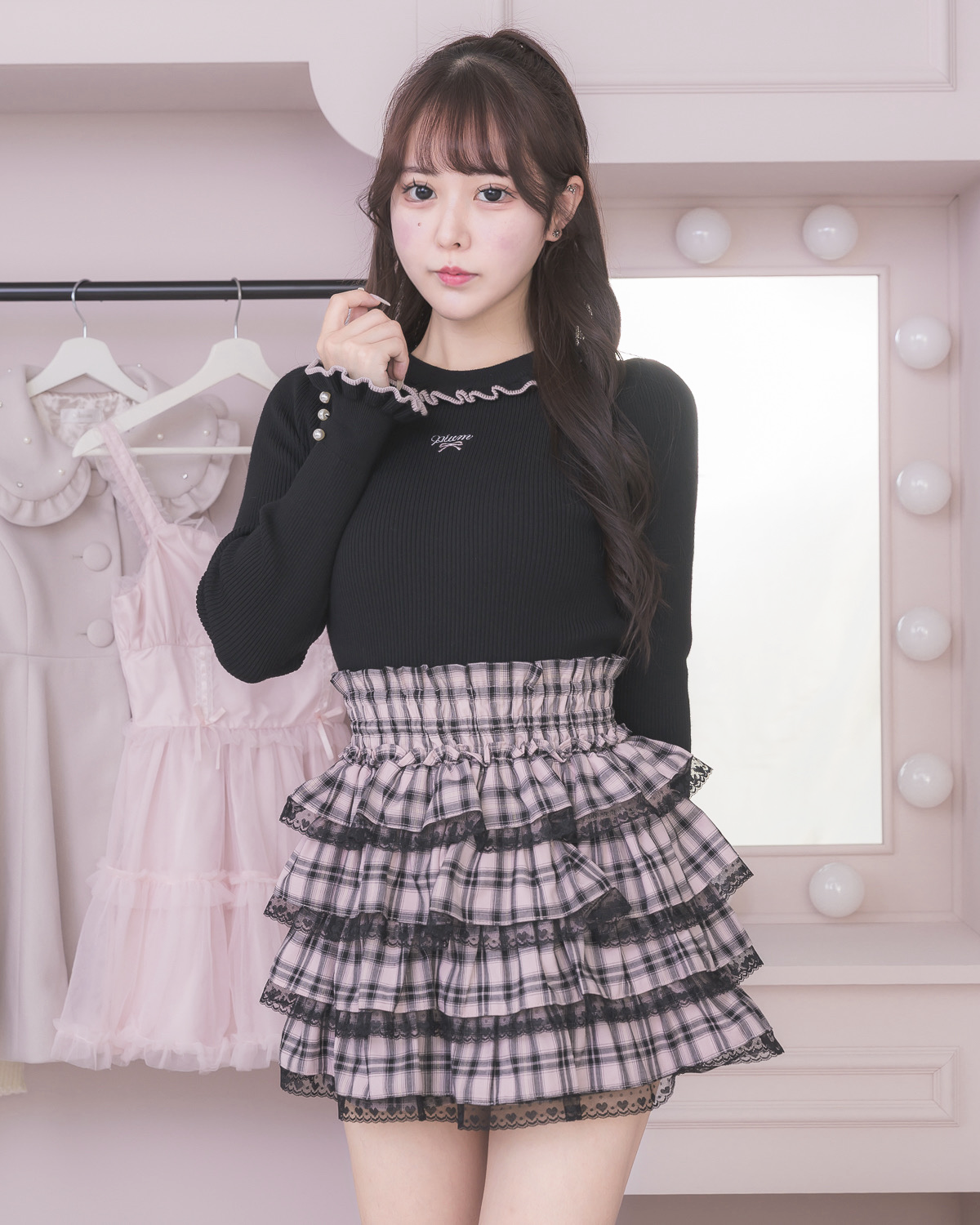 シャーリングティアードチェックスカート – pium