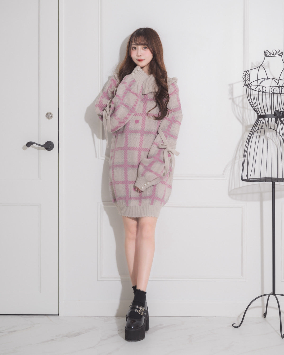 ハートチェック袖リボンニットワンピ – pium