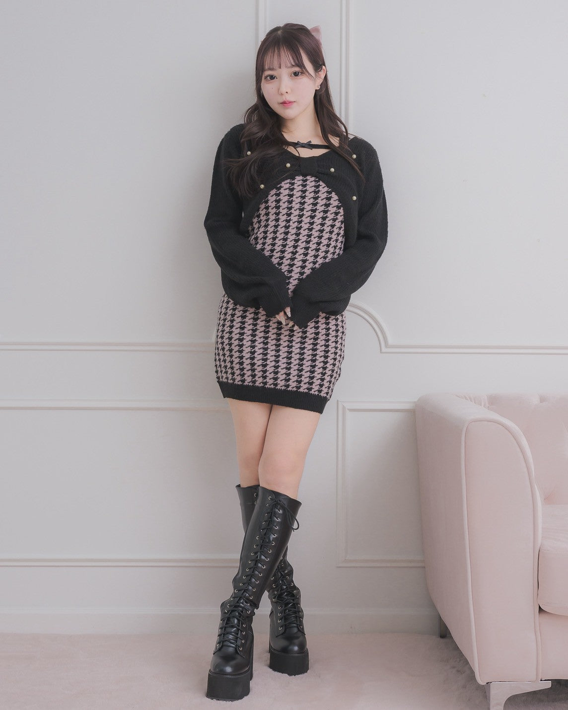 リボンレイヤード千鳥柄ニットワンピ – pium