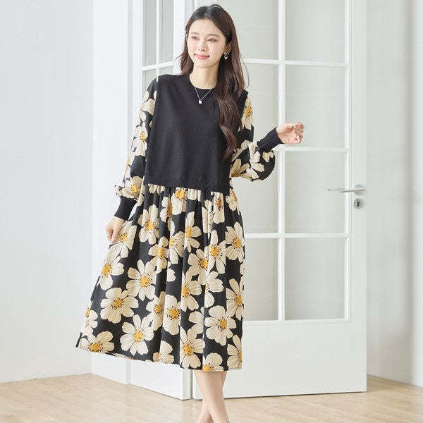 フラワープリント ドッキング ニットワンピース 花柄 長袖 異素材切替
