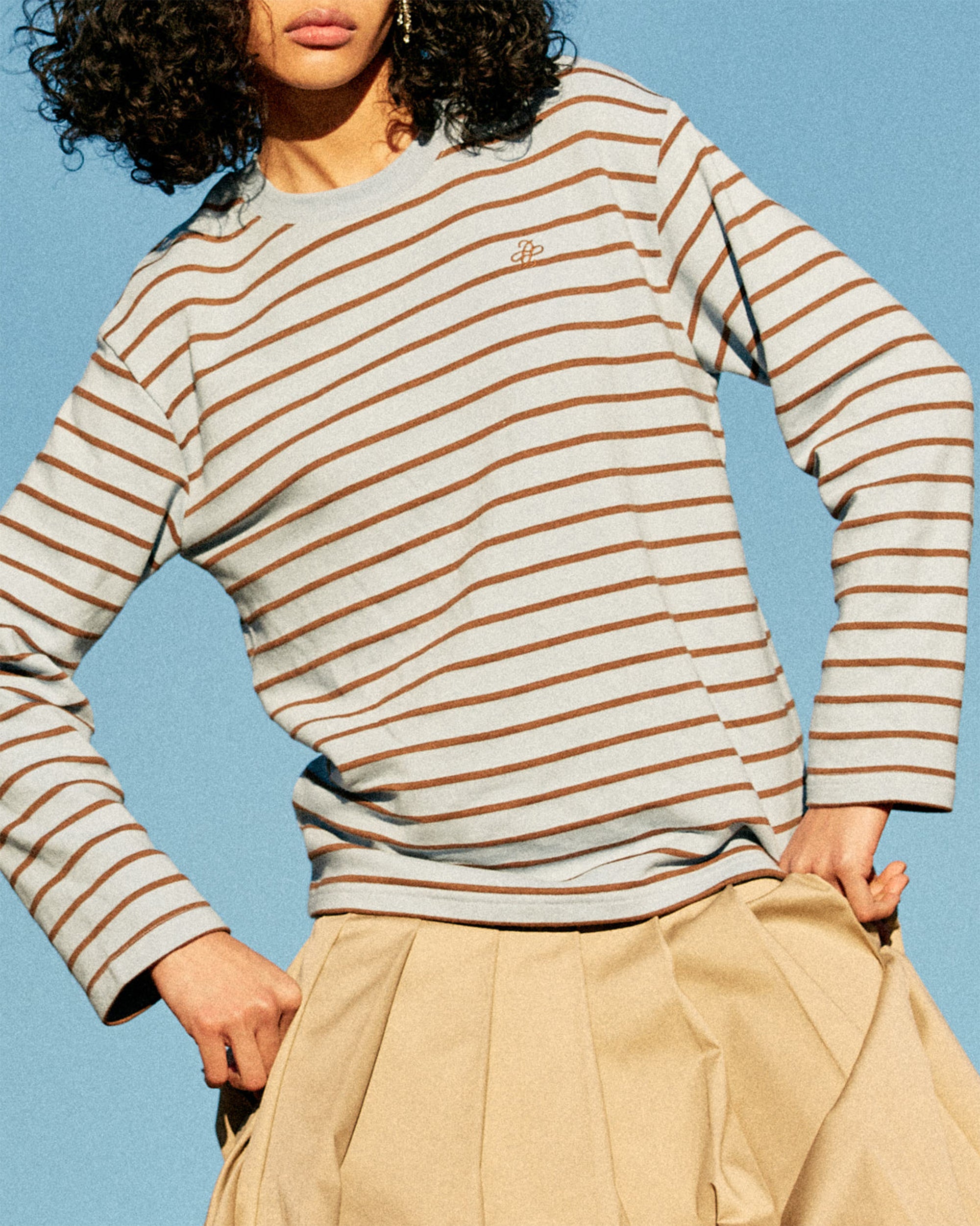 Border long t-shirt (sky blue/brown)