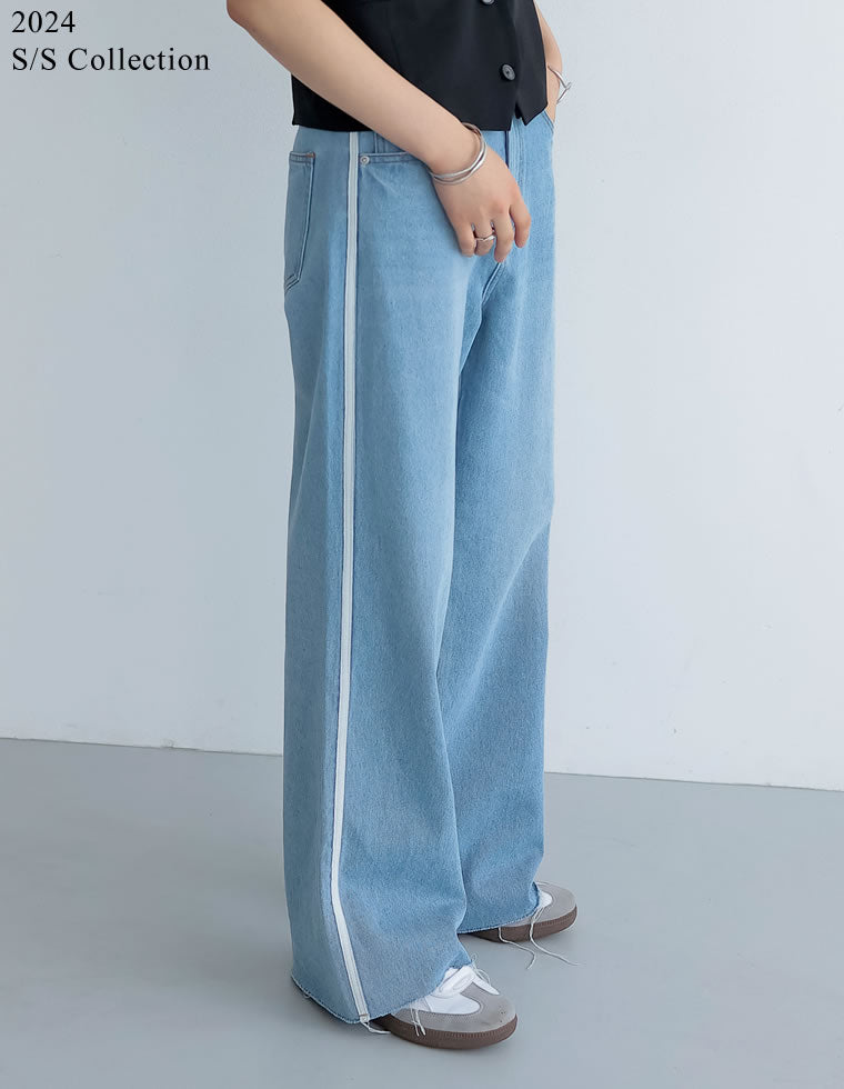 コットンデニムサイドラインワイドストレートパンツ - パンツ通販