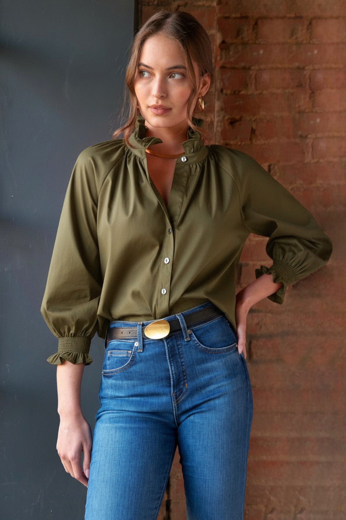 Fiona | Olive Poplin Ruffle Collar Blouson Sleeve Top | Finley Shirts