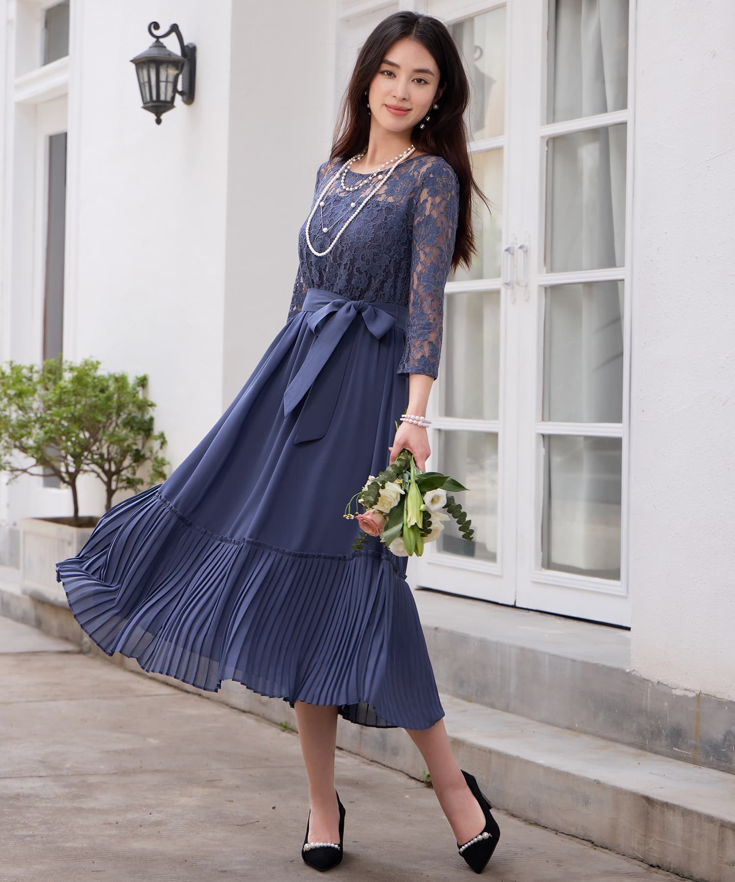 レース×プリーツのパーティーワンピースcy88665 コバルトブルー