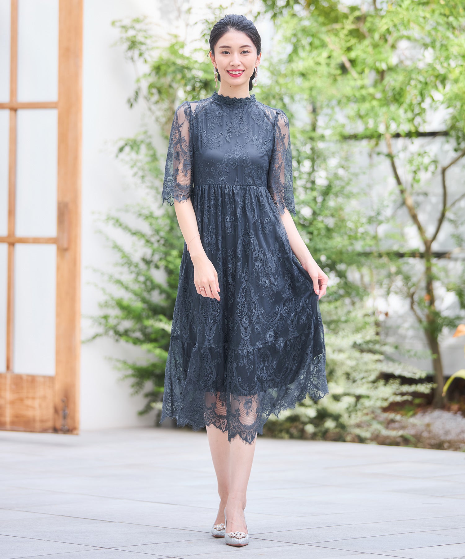 レーススタンドカラーワンピースドレスパーティードレス チャコール