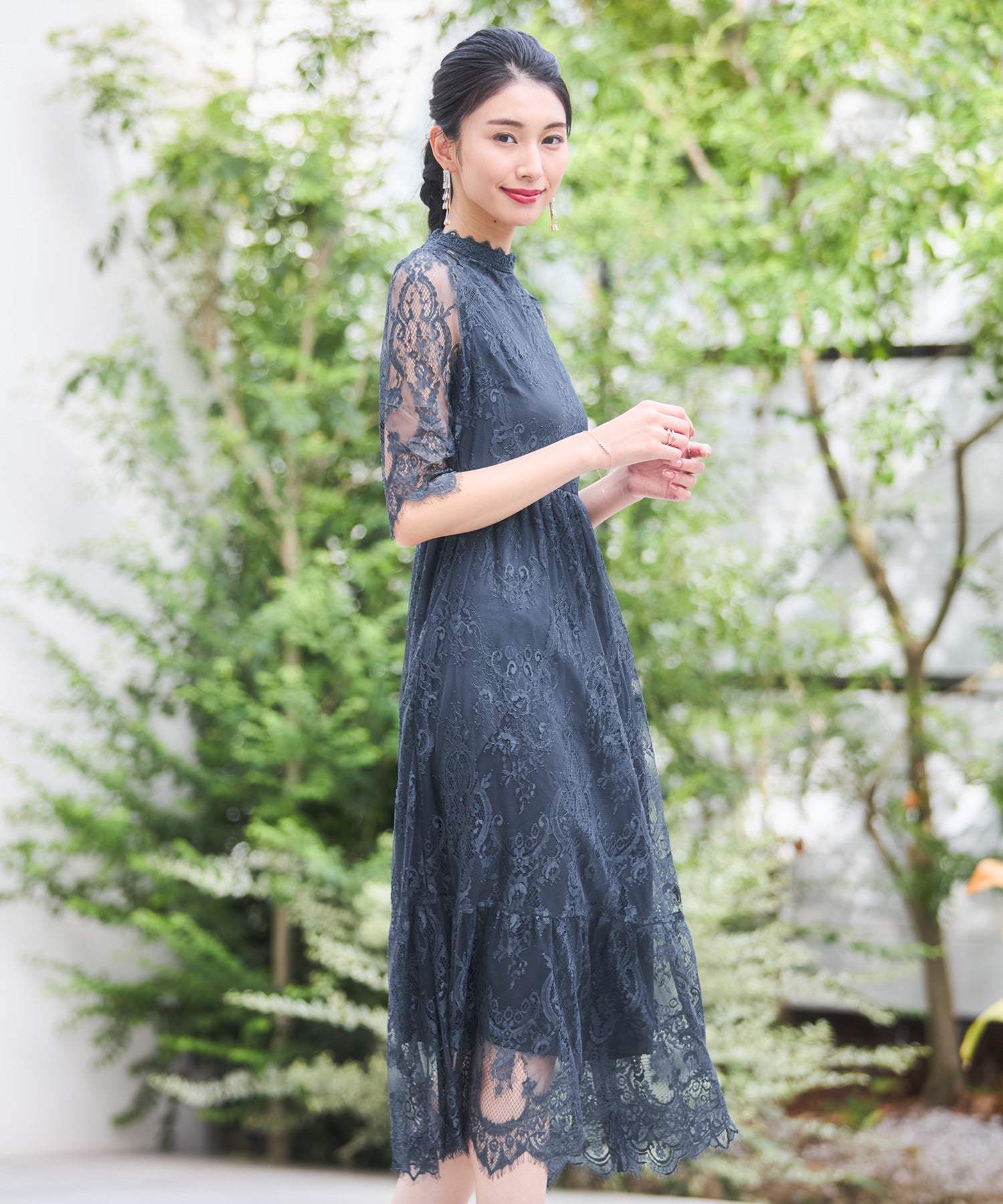 レーススタンドカラーワンピースドレスパーティードレス チャコール