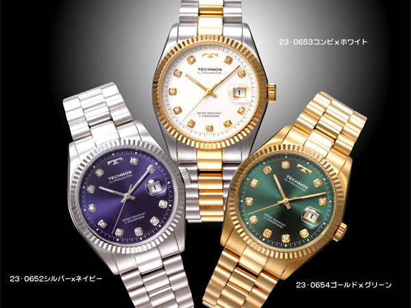 TECHNOS（テクノス）ラウンドデイト（ゴールドベルトxグリーン文字盤