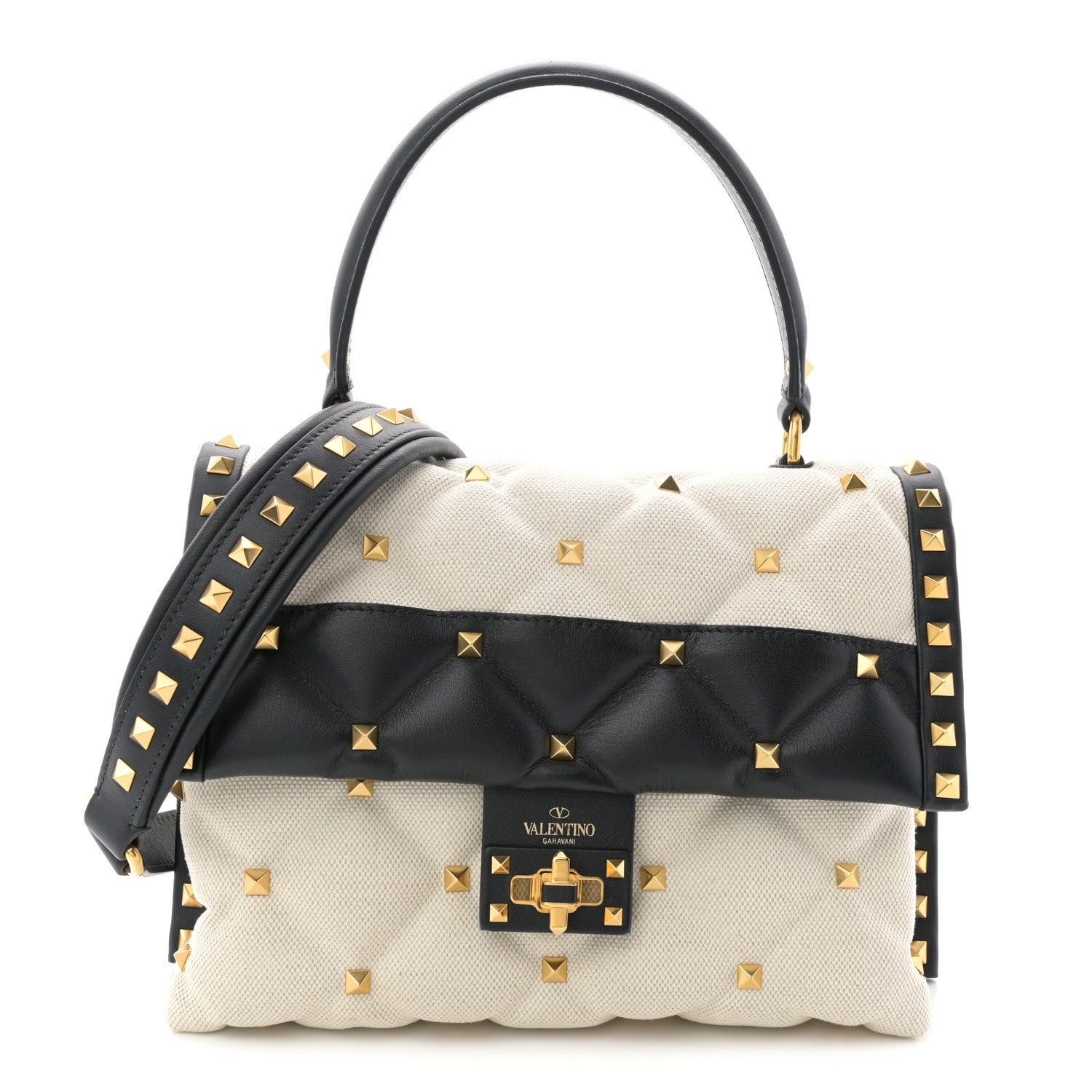 Valentino Garavani Canvas Calfskin Medium Candystud Top Handle Bag
