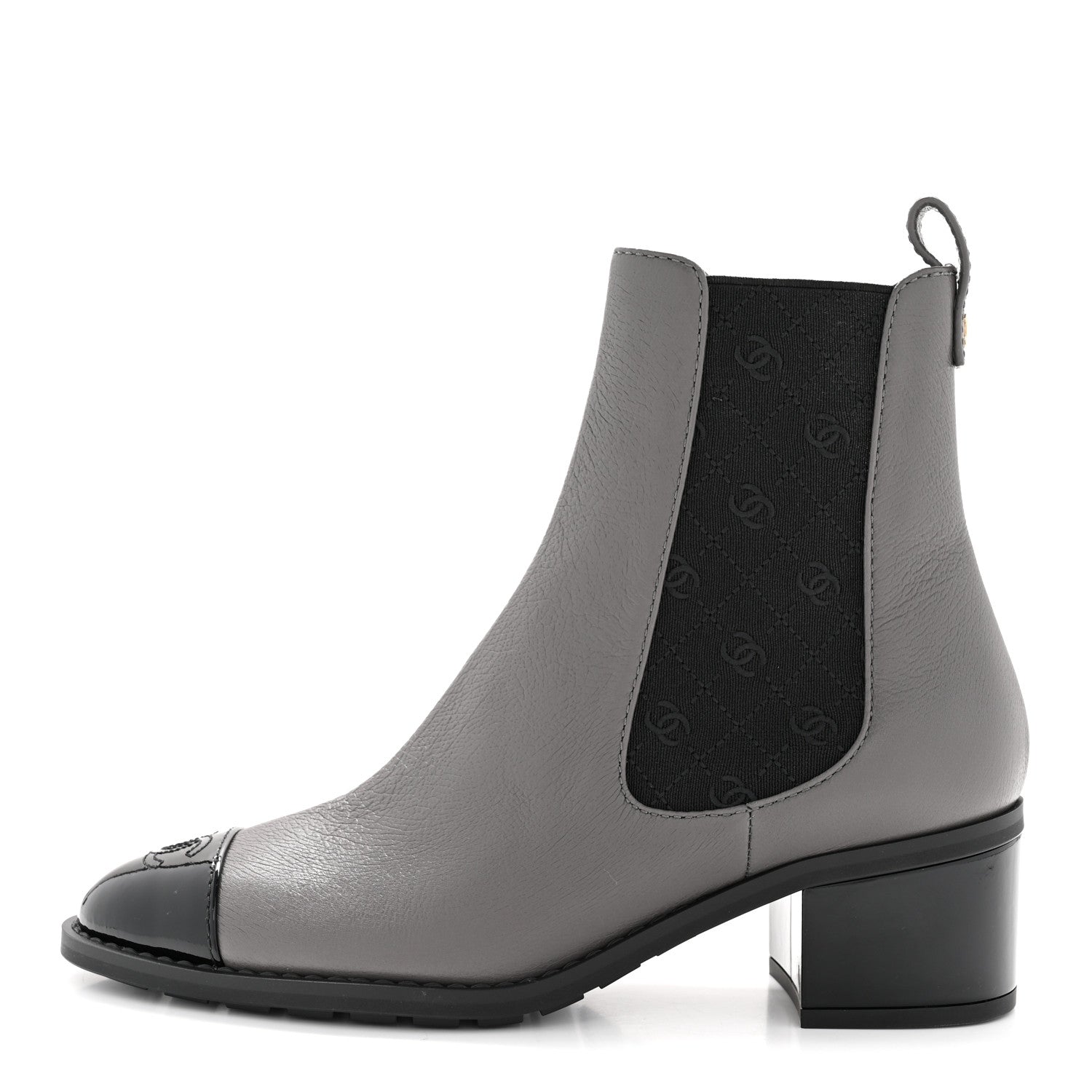 Chanel Calfskin Patent Cap Toe CC Short Boots 39 Grey Black