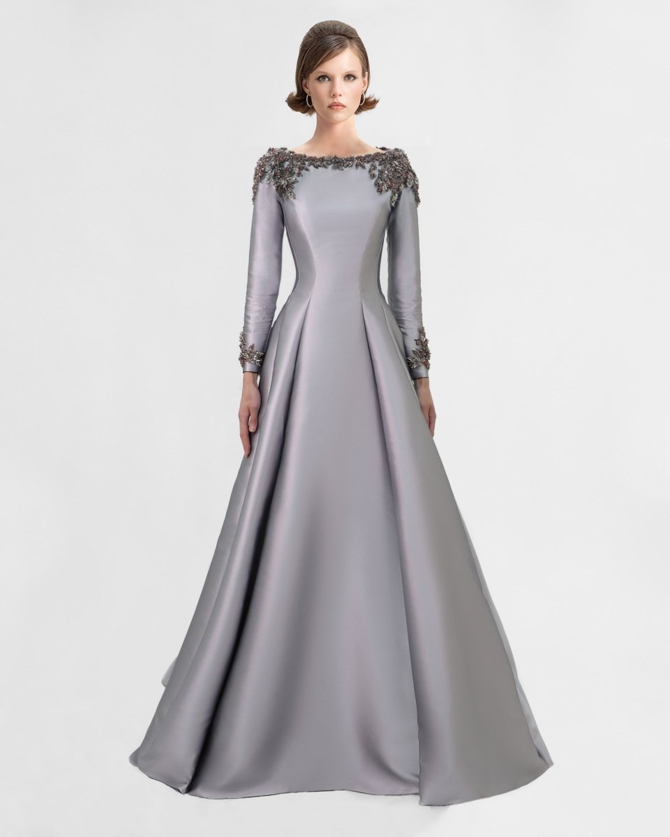 Gemy Maalouf | Evening Dresses | Beaded Mikado Dress with Long Sleeves