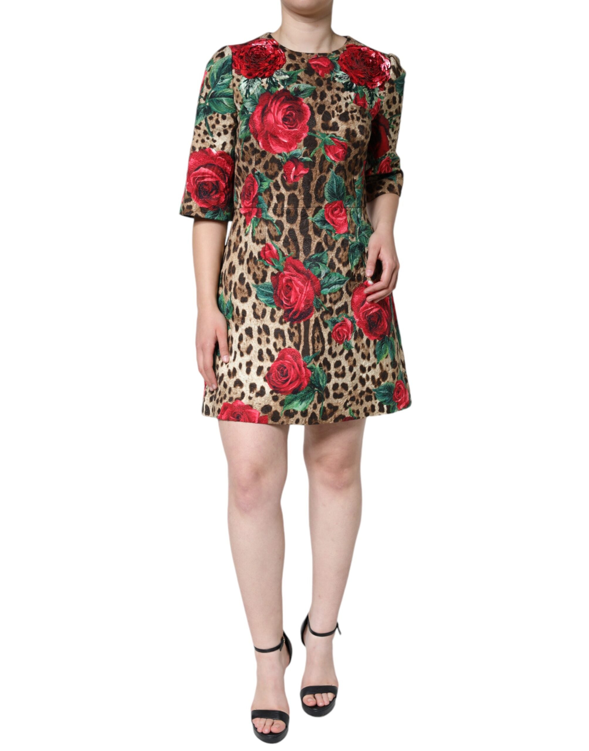Dolce & Gabbana Brown Leopard Red Roses Cotton A-line Women's Dress