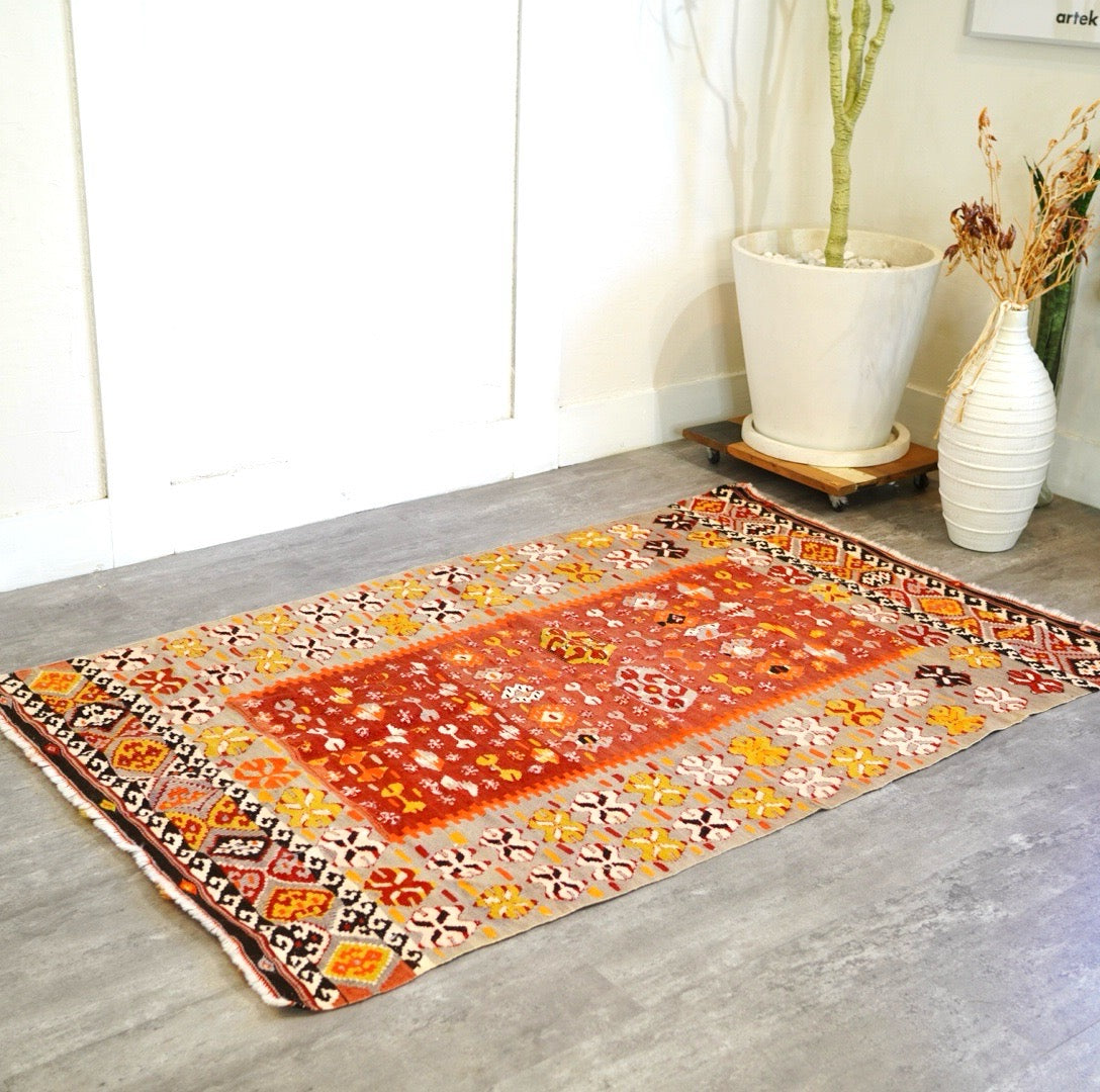 オールドキリムラグ レッド ウール 160×102 敷物 キリム マット