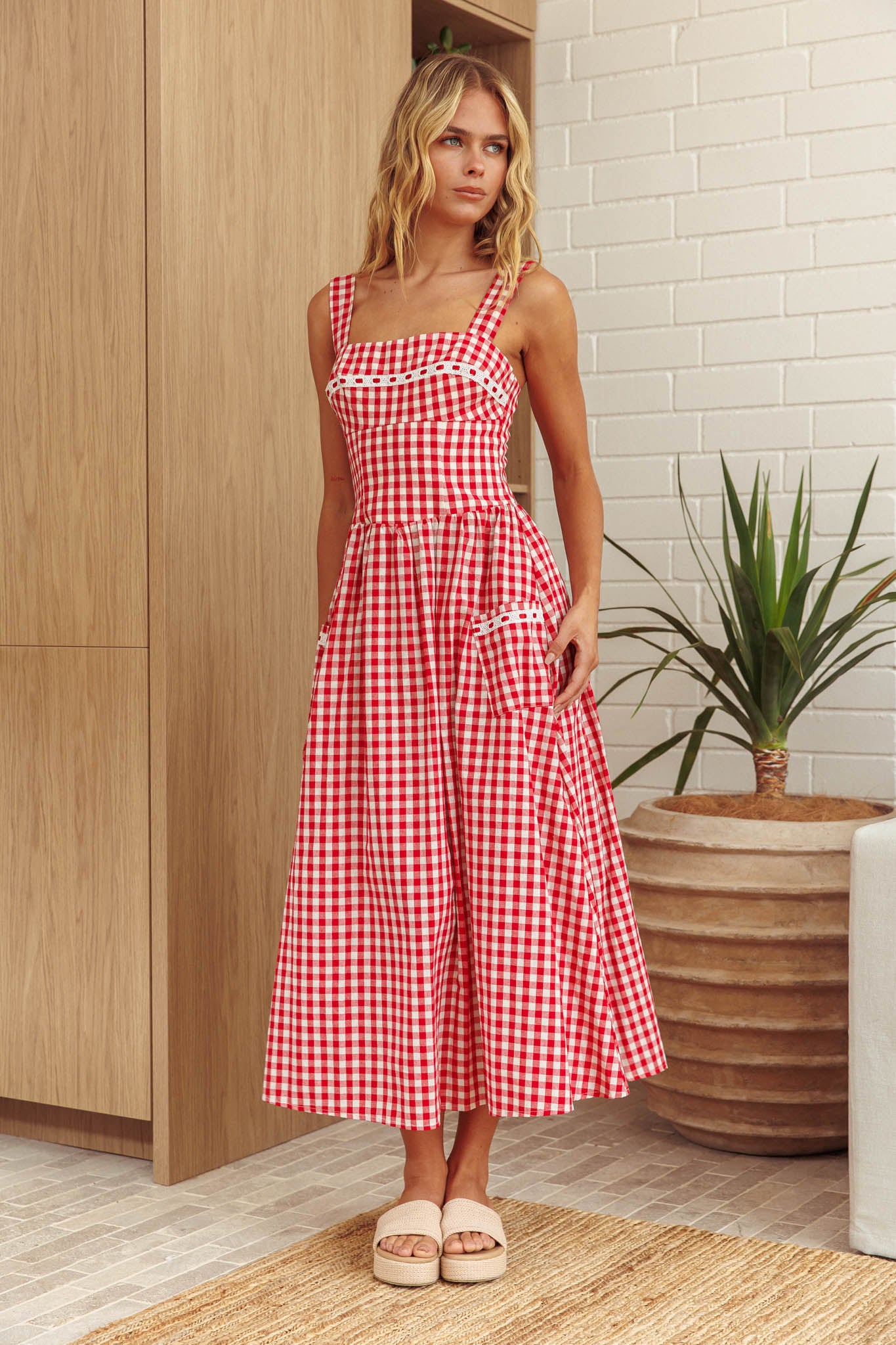 Shop the Elderflower Front Pocket Maxi Dress Gingham Red