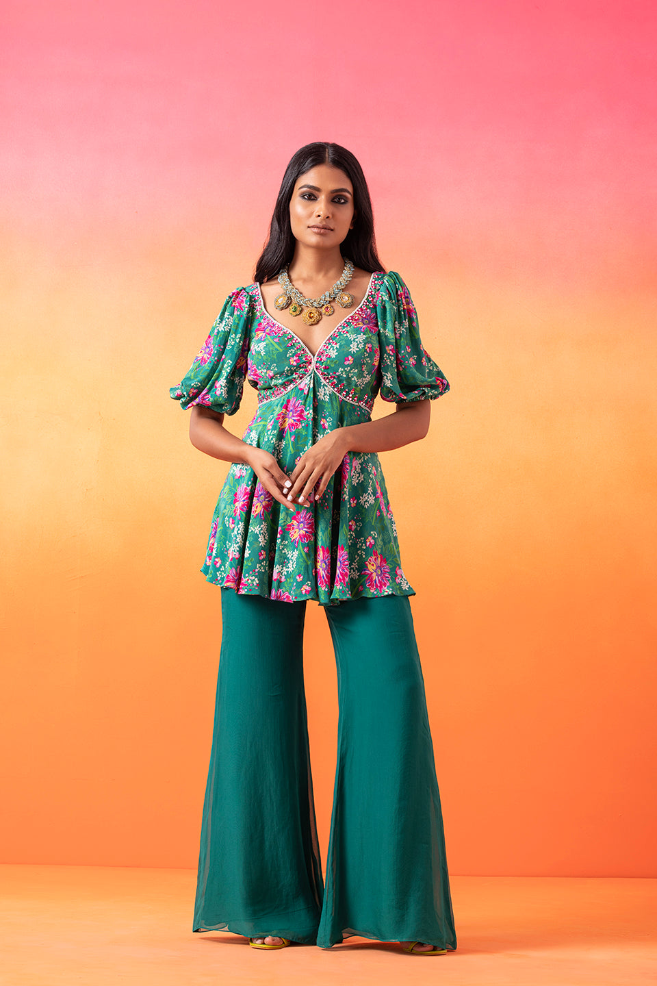Emerald Green Printed Peplum Top With Flared Pants – SeemaThukral