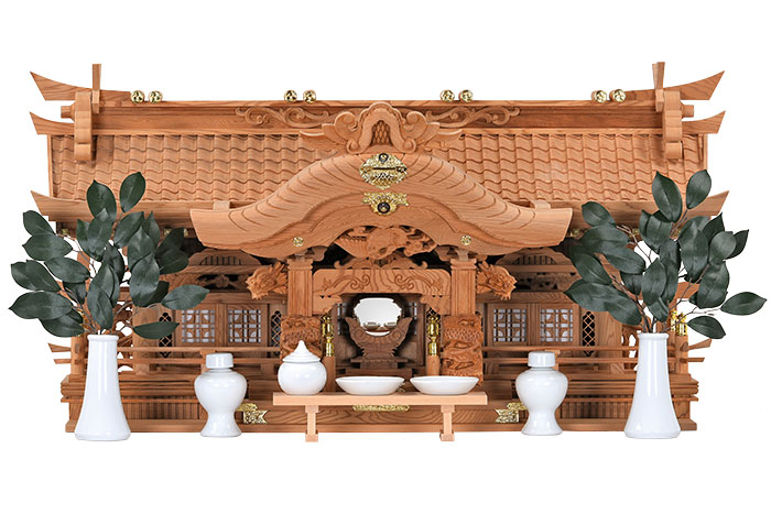 送料無料】屋久杉 切妻型彫刻三社 高さ44㎝ 神具セット付 - 仏壇・仏具