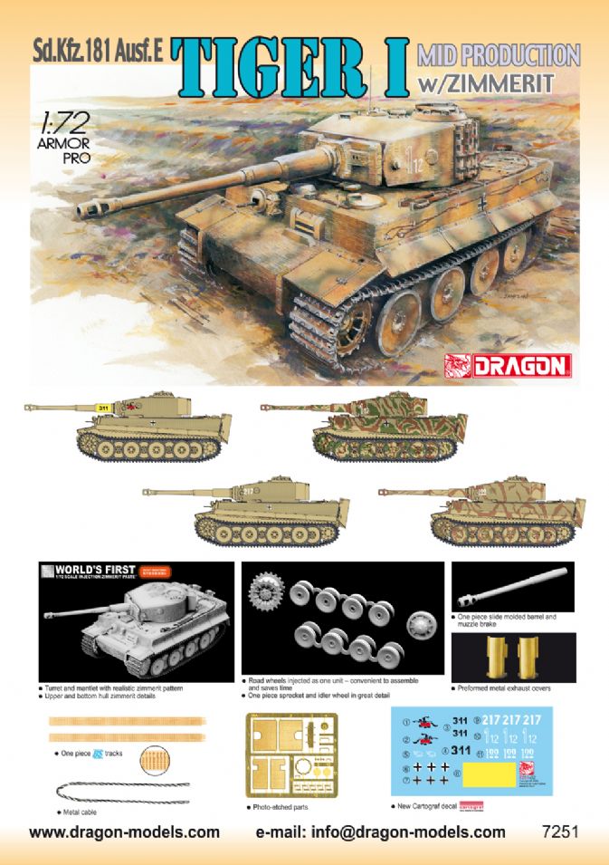 7251 - 1/72 Tiger I Mid Production w/Zimmerit - Dragon Plastic