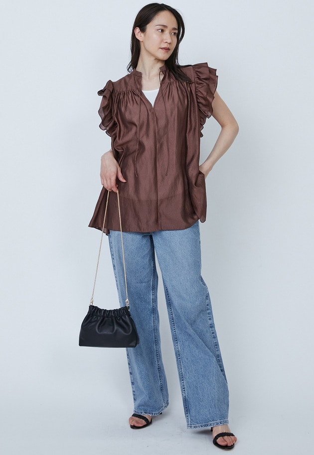 ワンダフルワールドリバイバルブラウス焦げ茶ブラウンフリル満載