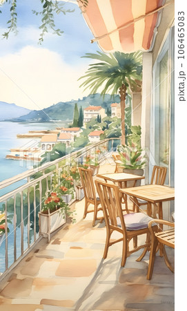 海が見えるカフェの建築パース 水彩イラスト Generative AIのイラスト