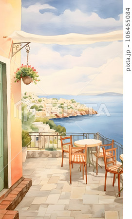 海が見えるカフェの建築パース 水彩イラスト Generative AIのイラスト