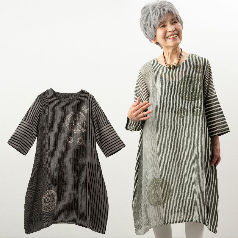 綿麻プリント七分袖バルーンワンピース