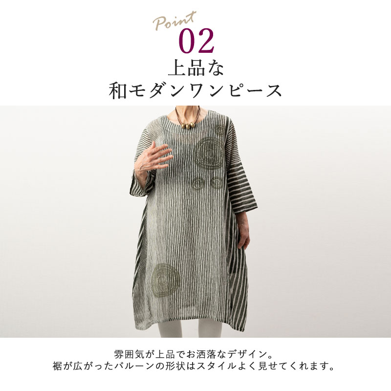 綿麻プリント七分袖バルーンワンピース