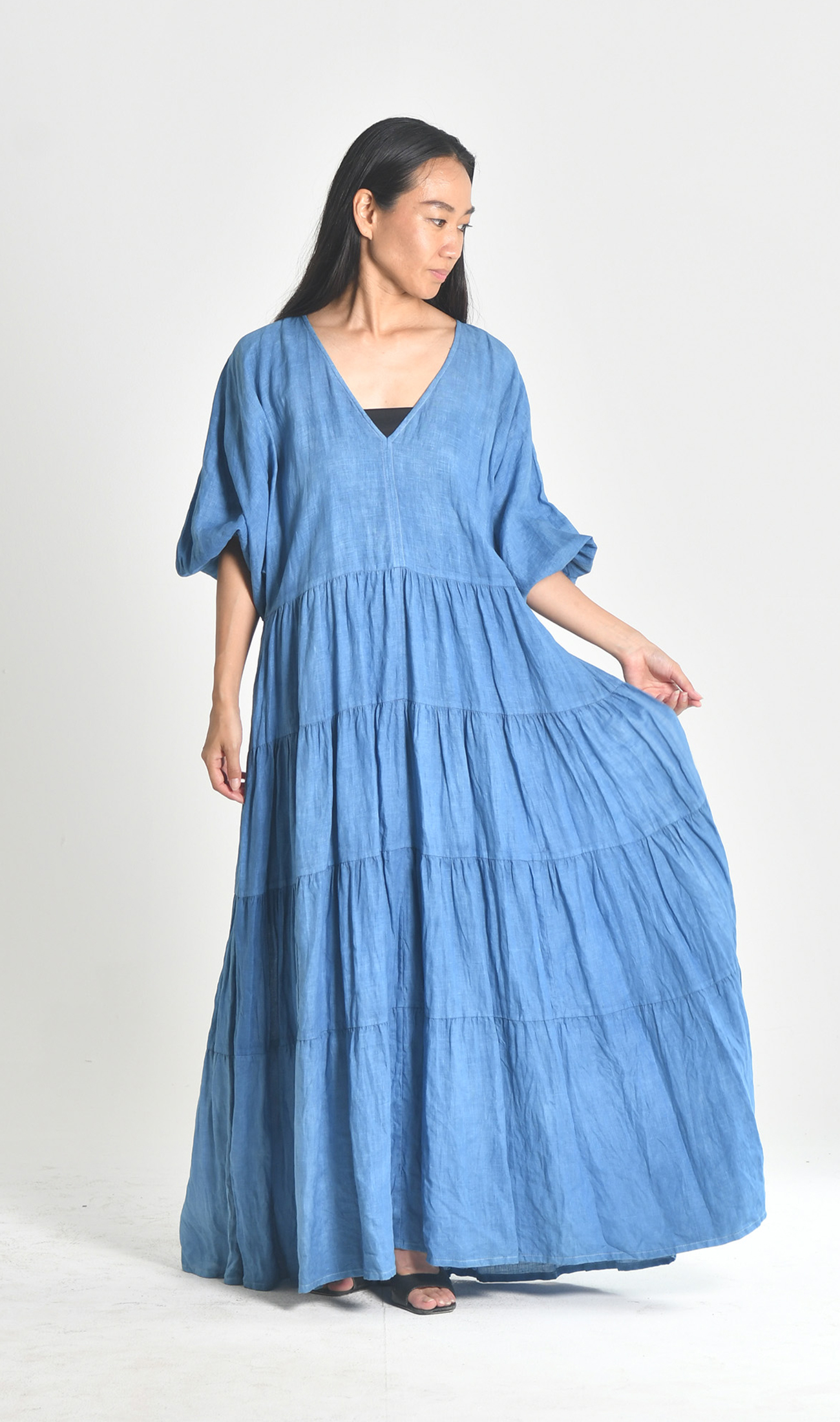Vネックティアードワンピース | 藍染