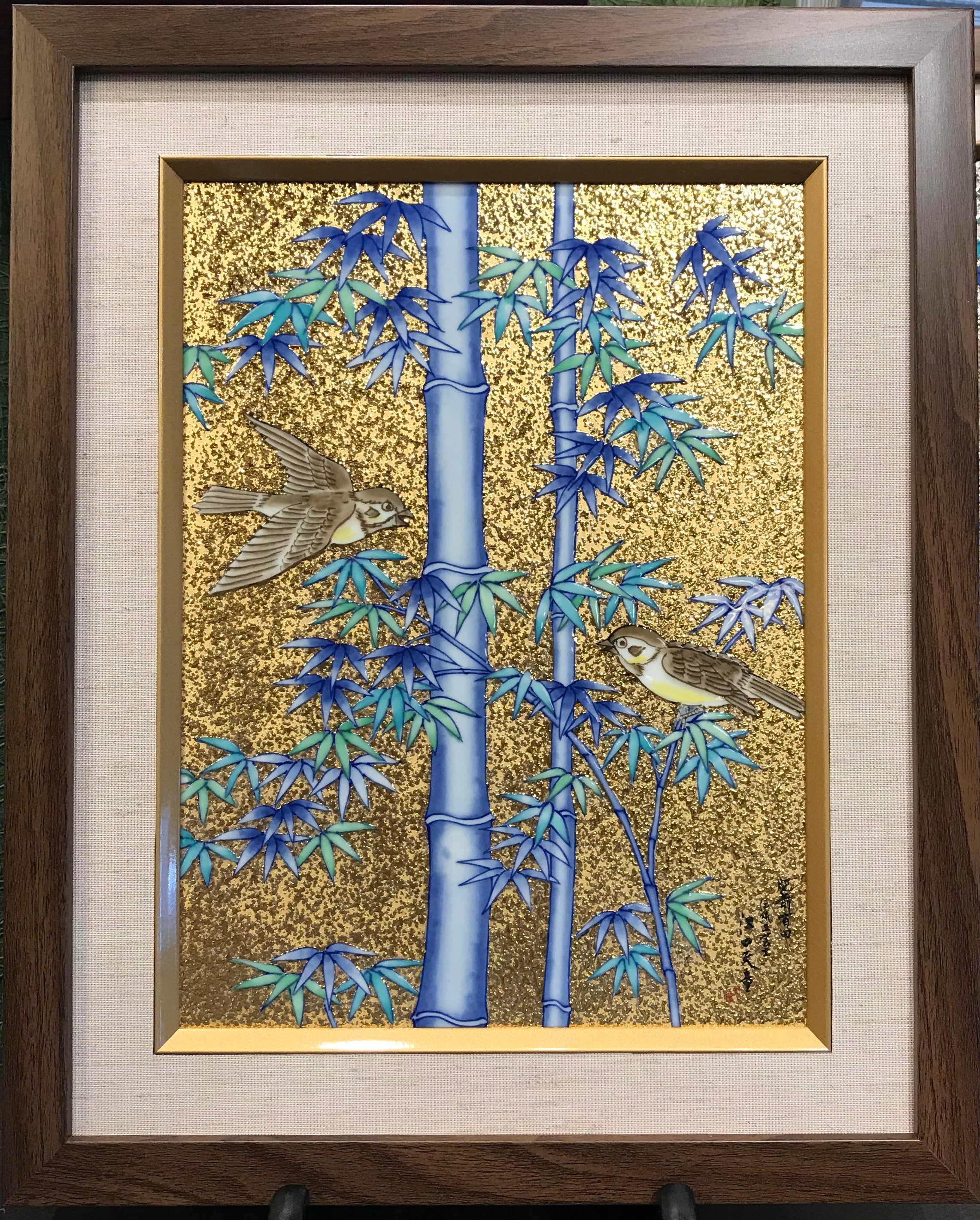 飾り 「ミニ陶額 金彩竹雀図（縦）」 金龍窯 江口天童 有田焼 陶磁器