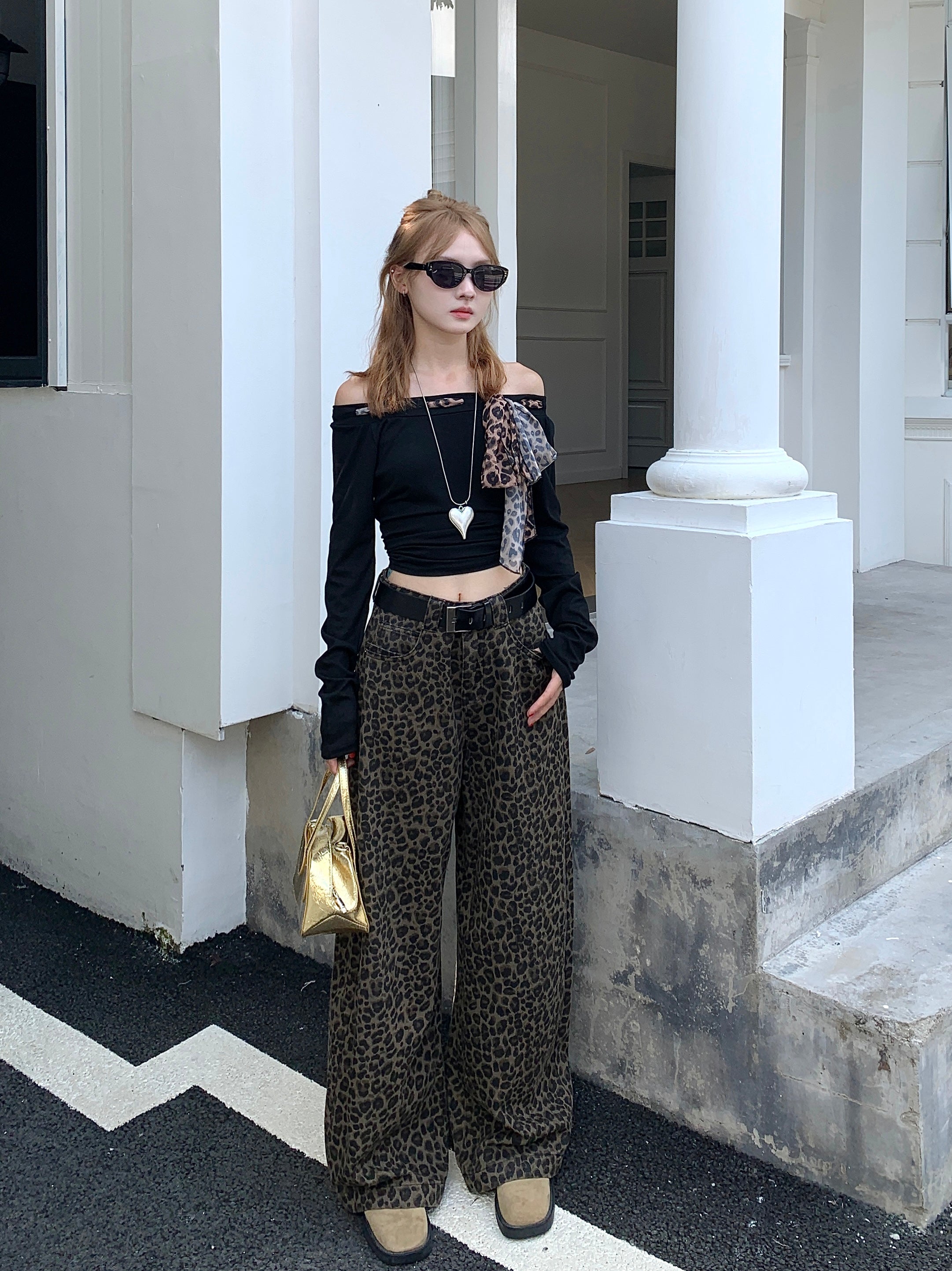 着回し力抜群 」ヒョウ柄ハイウエストワイドデニムパンツ TK0095