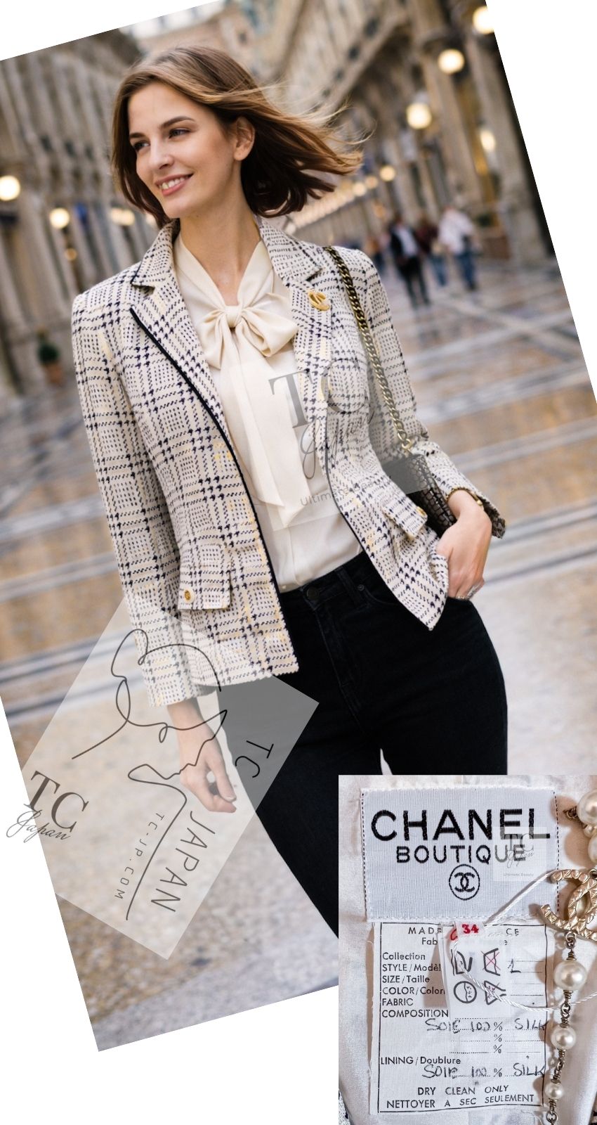 シャネル ヴィンテージ スーツ CHANEL ホワイト ネイビー シルク