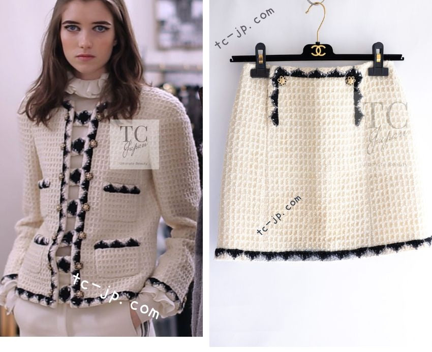 シャネル スカート CHANEL クリーム ブラック ウール ツイード 15PF