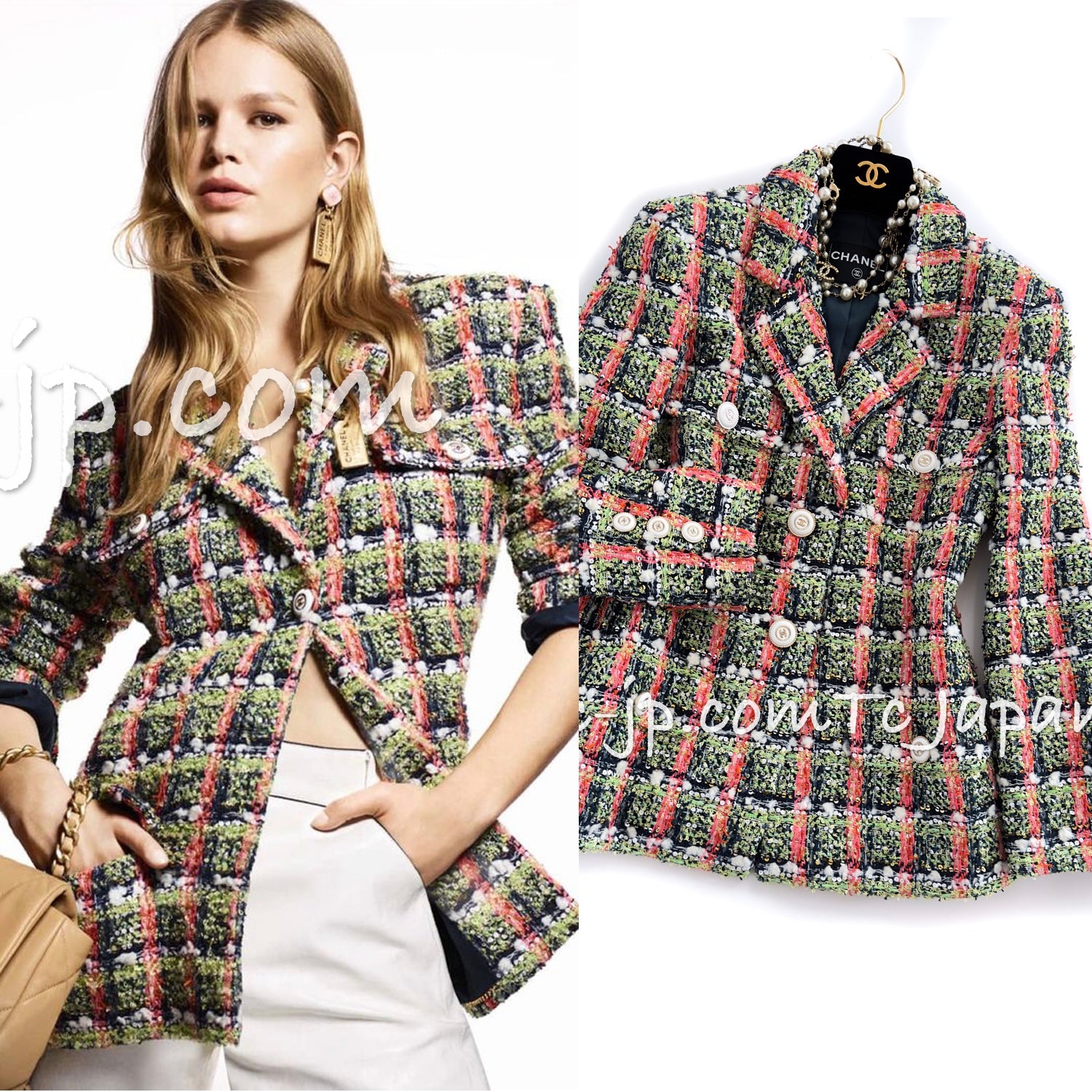 シャネル ジャケット CHANEL グリーンオレンジ ネイビーミックスカラー