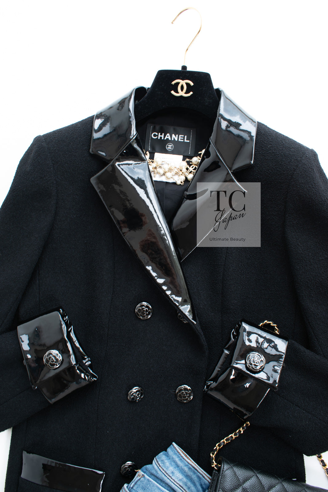 シャネル ジャケット CHANEL ブラック ウール パテント レザー 襟 女優