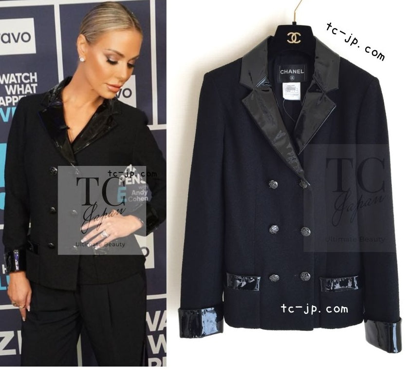 シャネル ジャケット CHANEL ブラック ウール パテント レザー 襟 女優