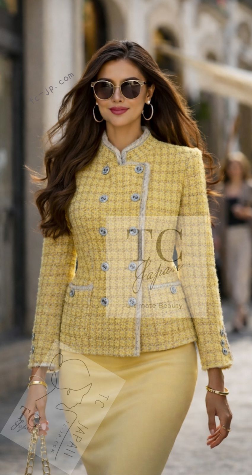 シャネル ジャケット CHANEL イエロー スタンド襟 ブレイド チェーン