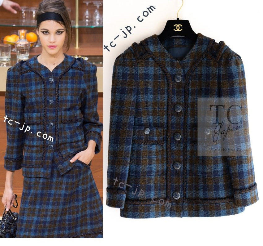 シャネル ジャケット CHANEL ブルー カーキ チェック柄 ウール