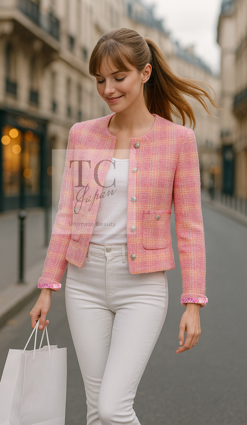 シャネル ジャケット CHANEL ピンク オレンジ ノーカラー ツイード 24C