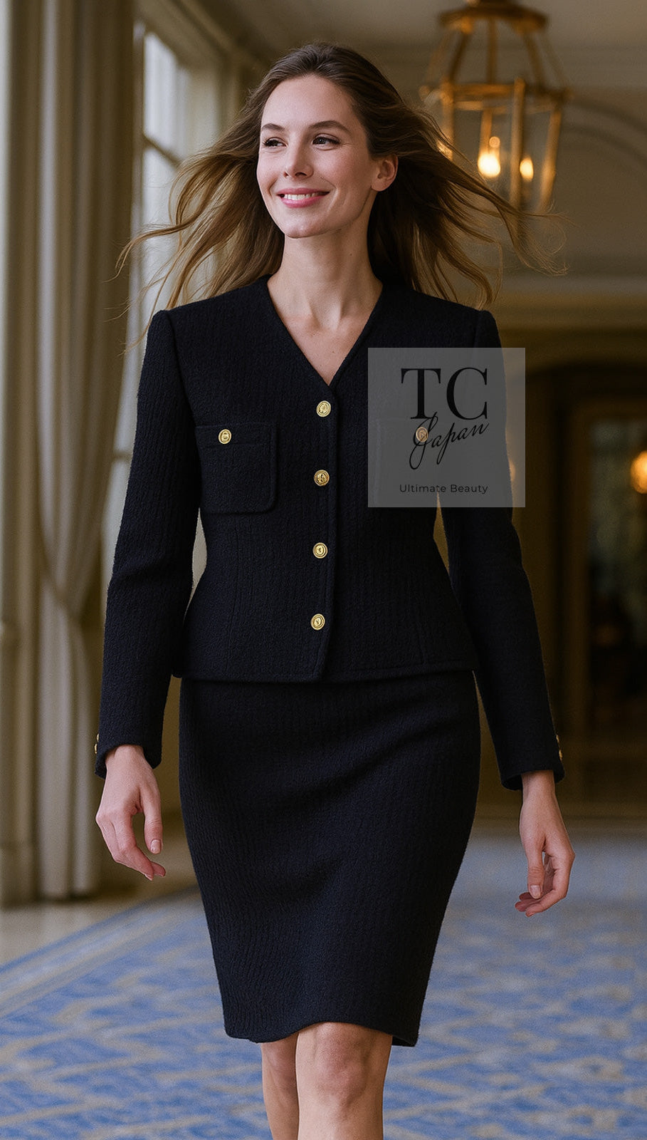 シャネル ヴィンテージ スーツ CHANEL ブラック ウール CC ゴールド