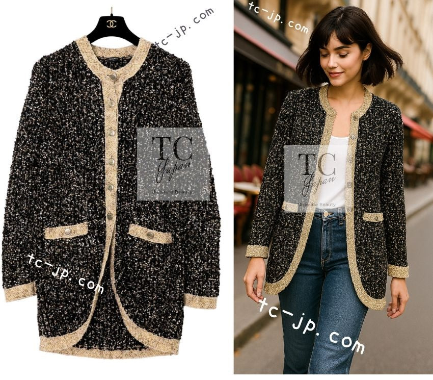シャネル カーディガン CHANEL ブラック ゴールド ウール ロングニット