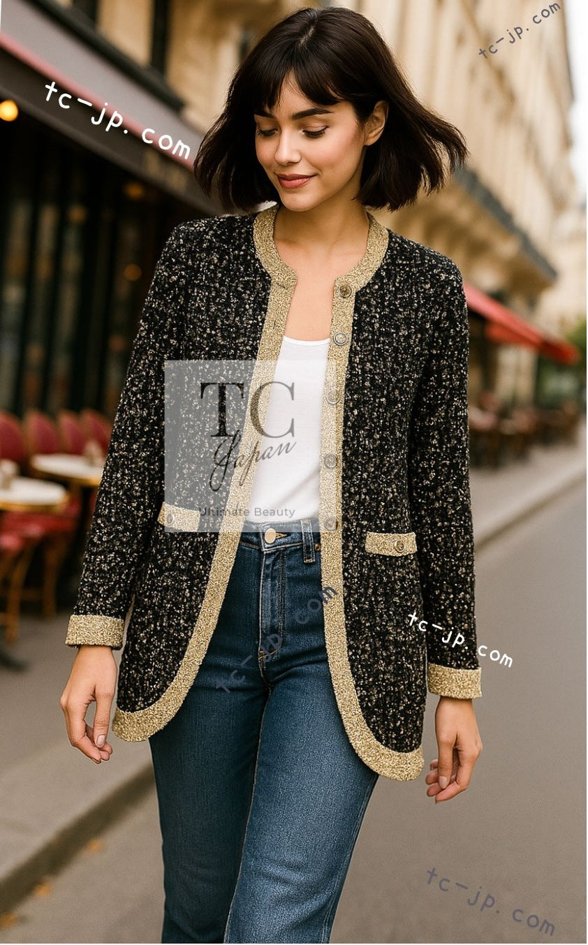 シャネル カーディガン CHANEL ブラック ゴールド ウール ロングニット