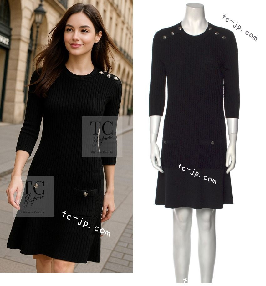 シャネル ワンピース CHANEL ブラック コットン ウール ニット 18PF