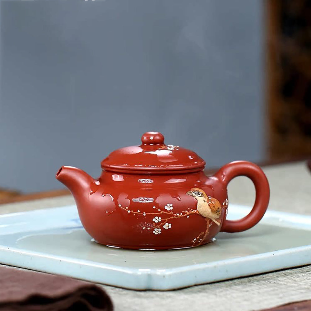 中国 紫砂 朱泥 梅に鳥彫 花瓶 在銘 V R6460 中国/在銘/