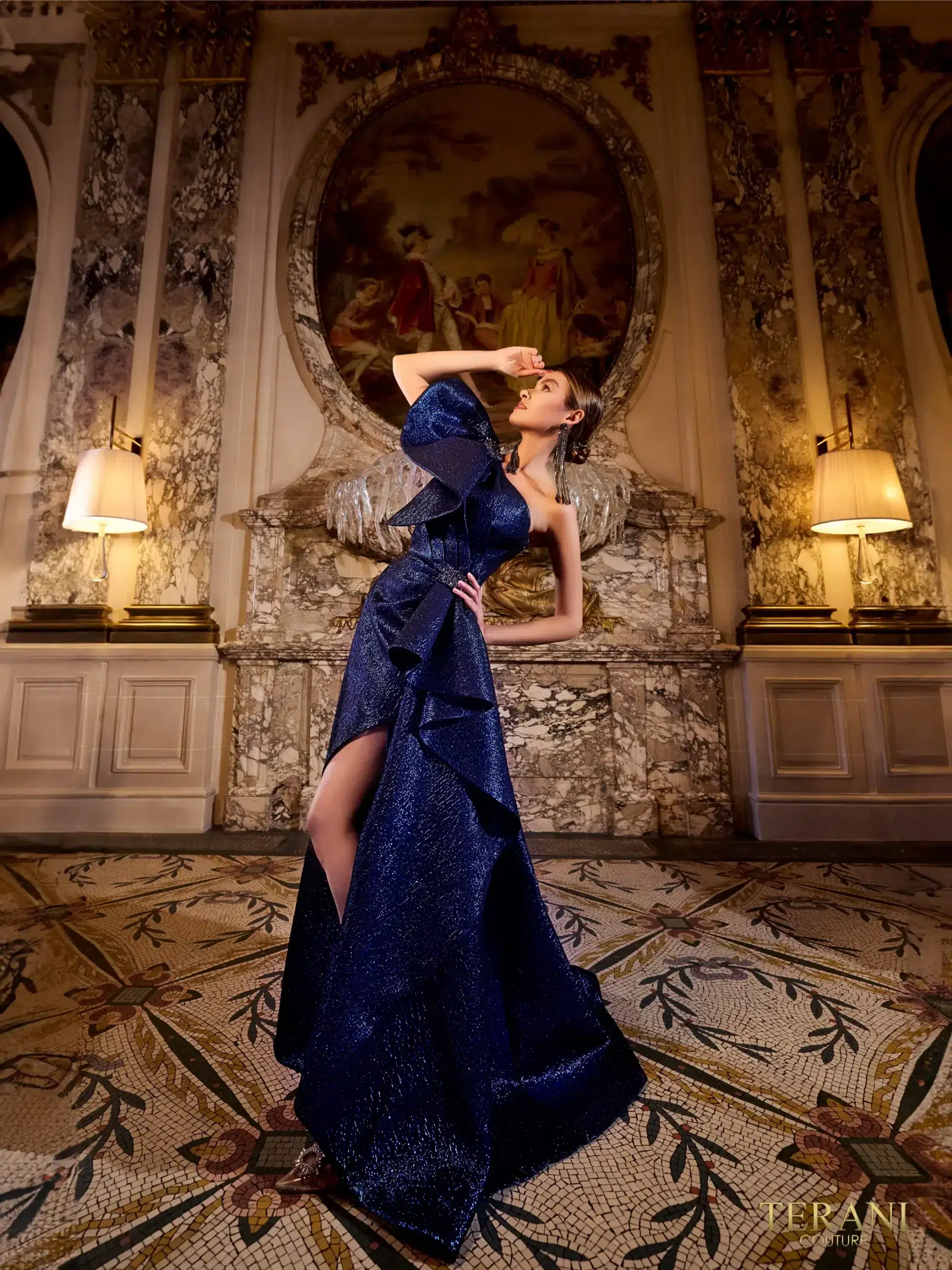 241E2515 Metallic Jacquard One Shoulder Ballgown Dress