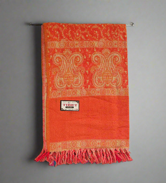Saffron Orange Wool Shawl – Handwoven Tibetan Paisley Wrap – Tibet