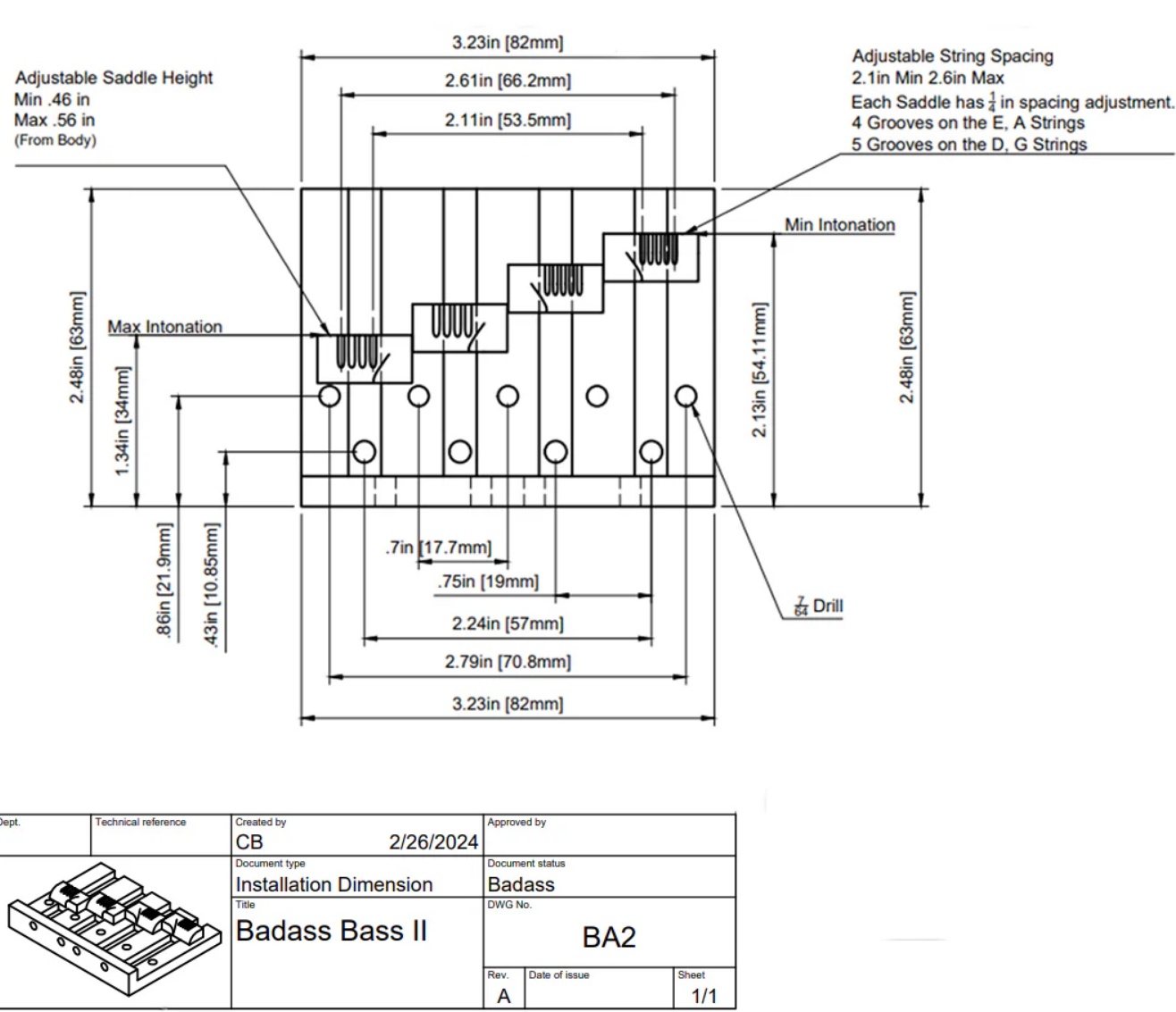 Leo Quan Badass II Bass Bridge, 4 String Grooved Saddles Chrome