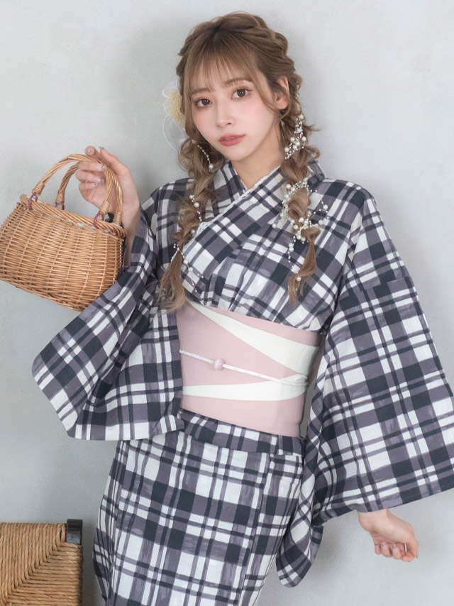 浴衣 選べる帯] レトロ モノトーンチェック 3点セット (ゆかた・平帯or