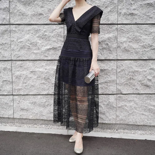 SELF PORTRAIT（セルフポートレイト） レースロングドレス（ブラック