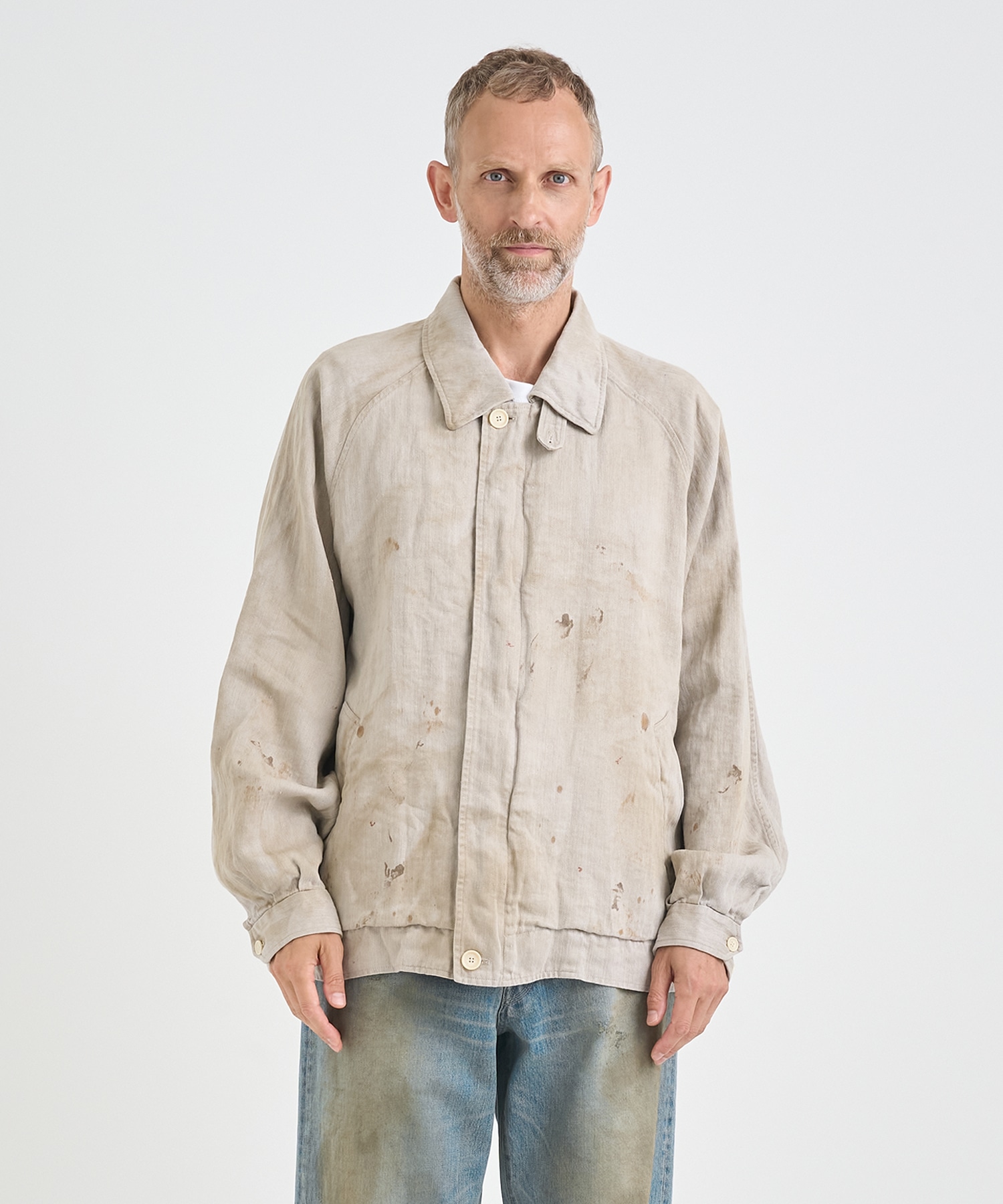 HEAVY LINEN HERRINGBONE ZIP JACKET(S OFF WHITE): ssstein: MENS