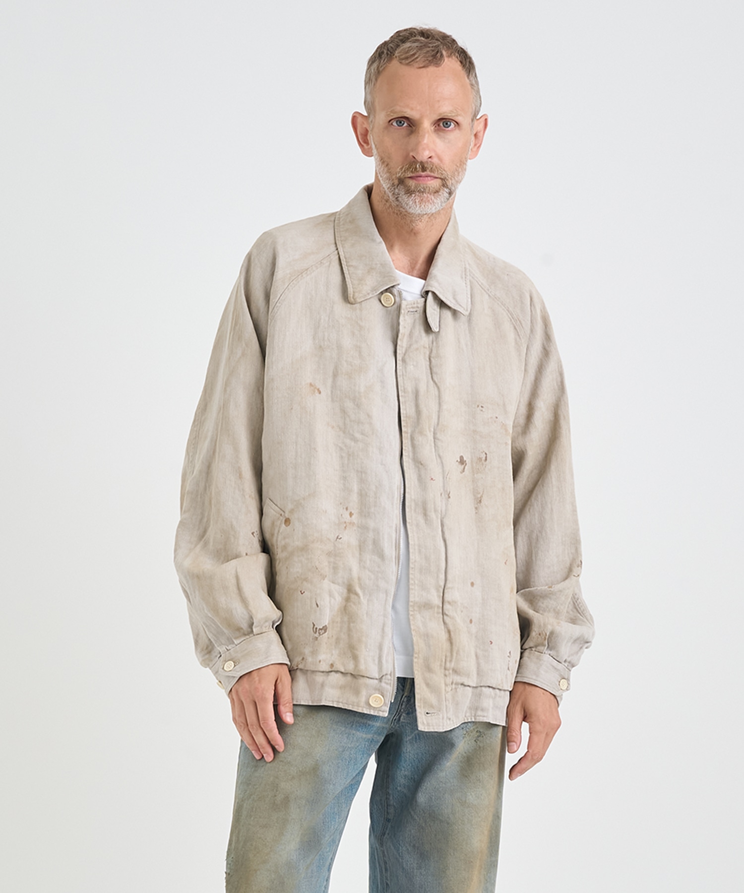 HEAVY LINEN HERRINGBONE ZIP JACKET(S OFF WHITE): ssstein: MENS