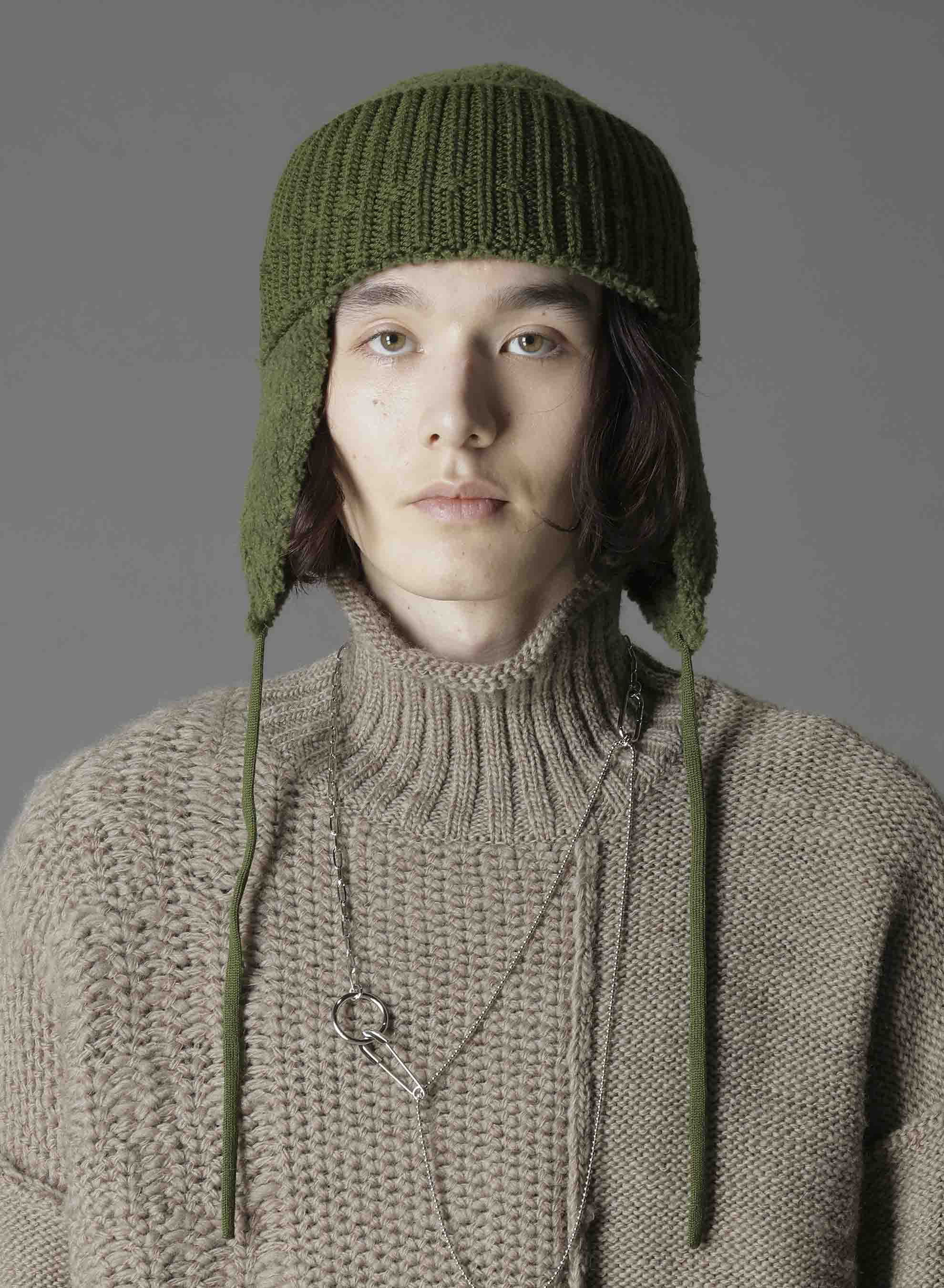 Wool boa+EX FineMerino Wool FLIGHT KNIT CAP(FREE SIZE khaki