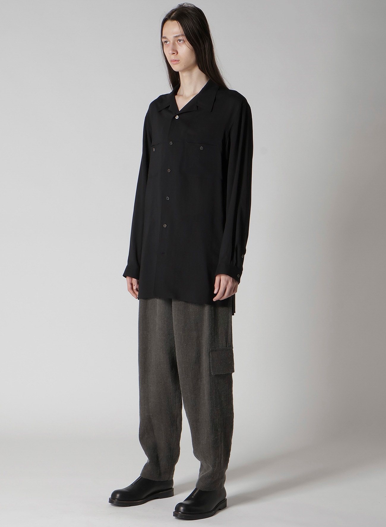 CELLULOSE LAWN PANEL OPEN-COLLAR SHIRT(S Black): Soldes｜THE SHOP
